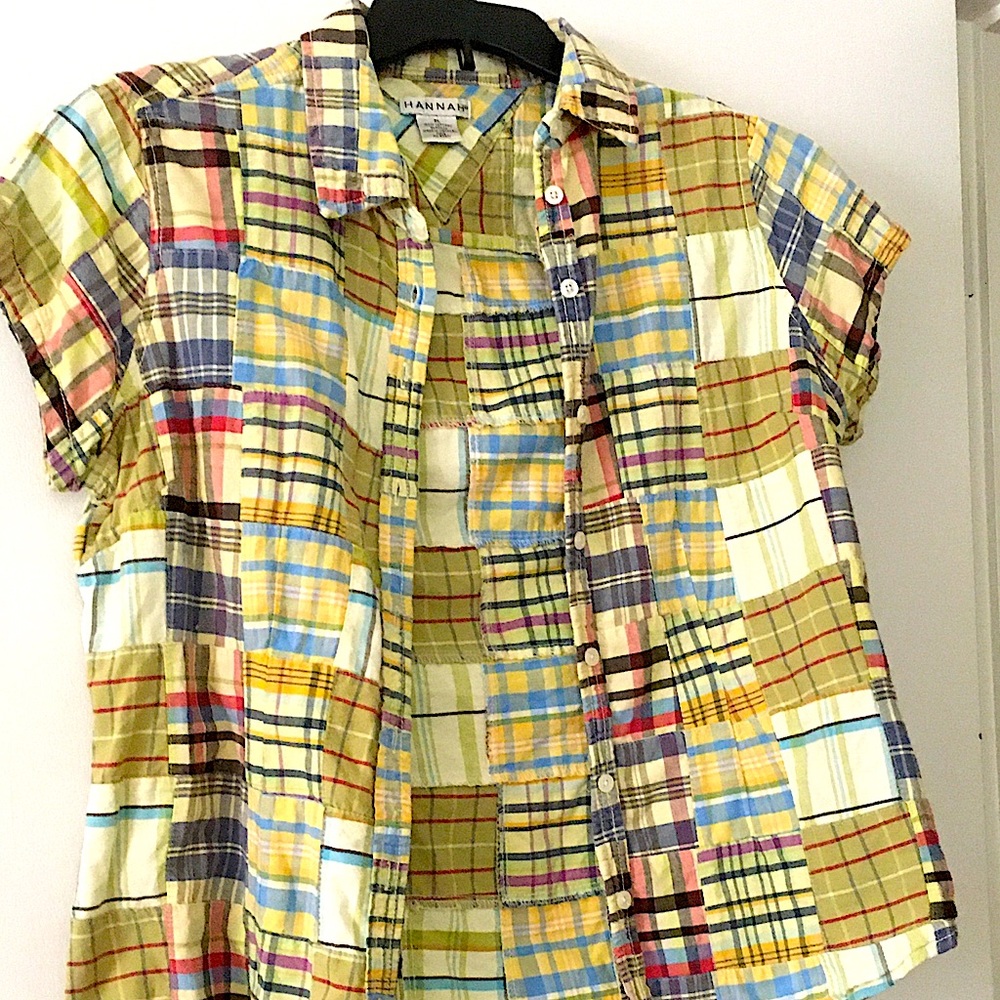 Patchwork top with capped sleeves.